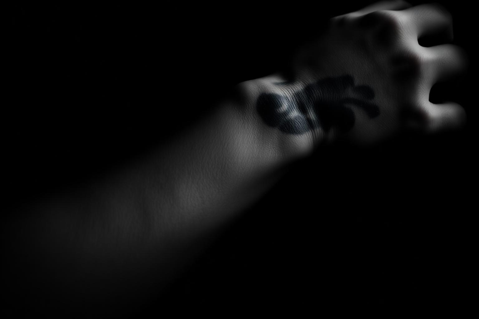 Close-up cinematográfico de braço tatuado em preto e cinza